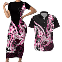 Pink Black Aloha Hawaii Couples Matching Short Sleeve Bodycon Dress and Hawaiian Shirt Polynesian Shark Tattoo Plumeria