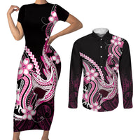 Pink Black Aloha Hawaii Couples Matching Short Sleeve Bodycon Dress and Long Sleeve Button Shirt Polynesian Shark Tattoo Plumeria