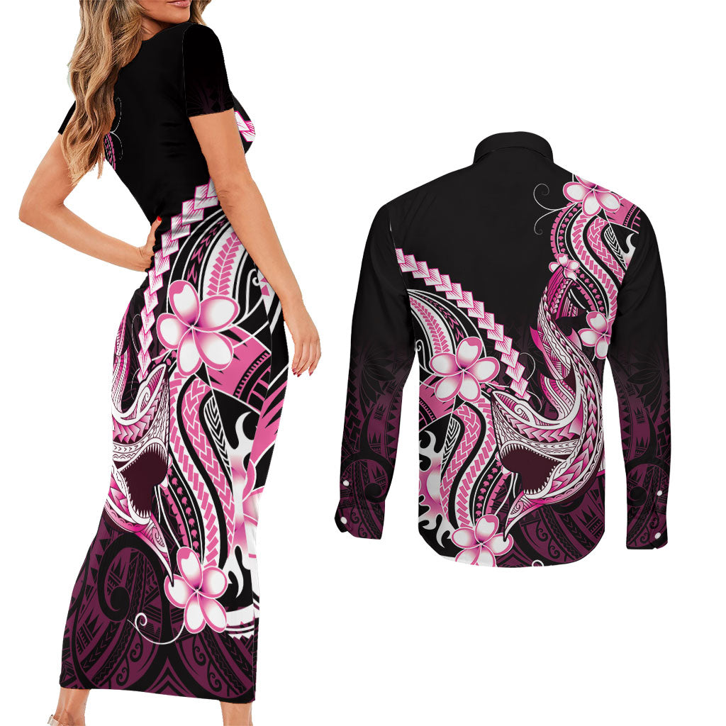 Pink Black Aloha Hawaii Couples Matching Short Sleeve Bodycon Dress and Long Sleeve Button Shirt Polynesian Shark Tattoo Plumeria