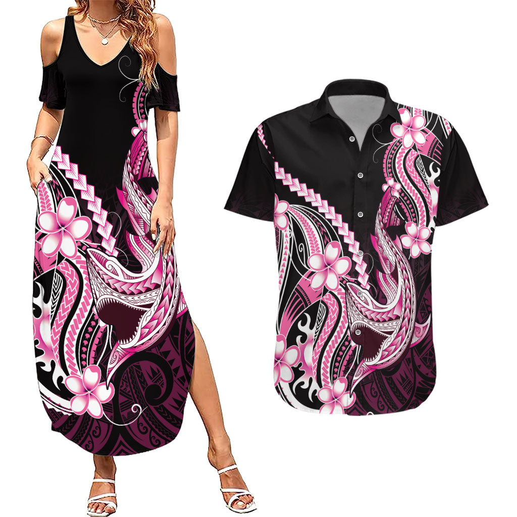 Pink Black Aloha Hawaii Couples Matching Summer Maxi Dress and Hawaiian Shirt Polynesian Shark Tattoo Plumeria