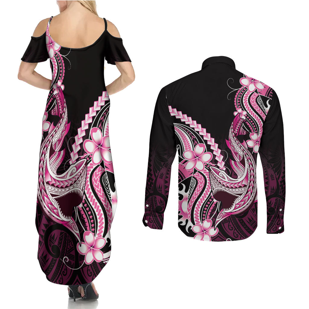 Pink Black Aloha Hawaii Couples Matching Summer Maxi Dress and Long Sleeve Button Shirt Polynesian Shark Tattoo Plumeria