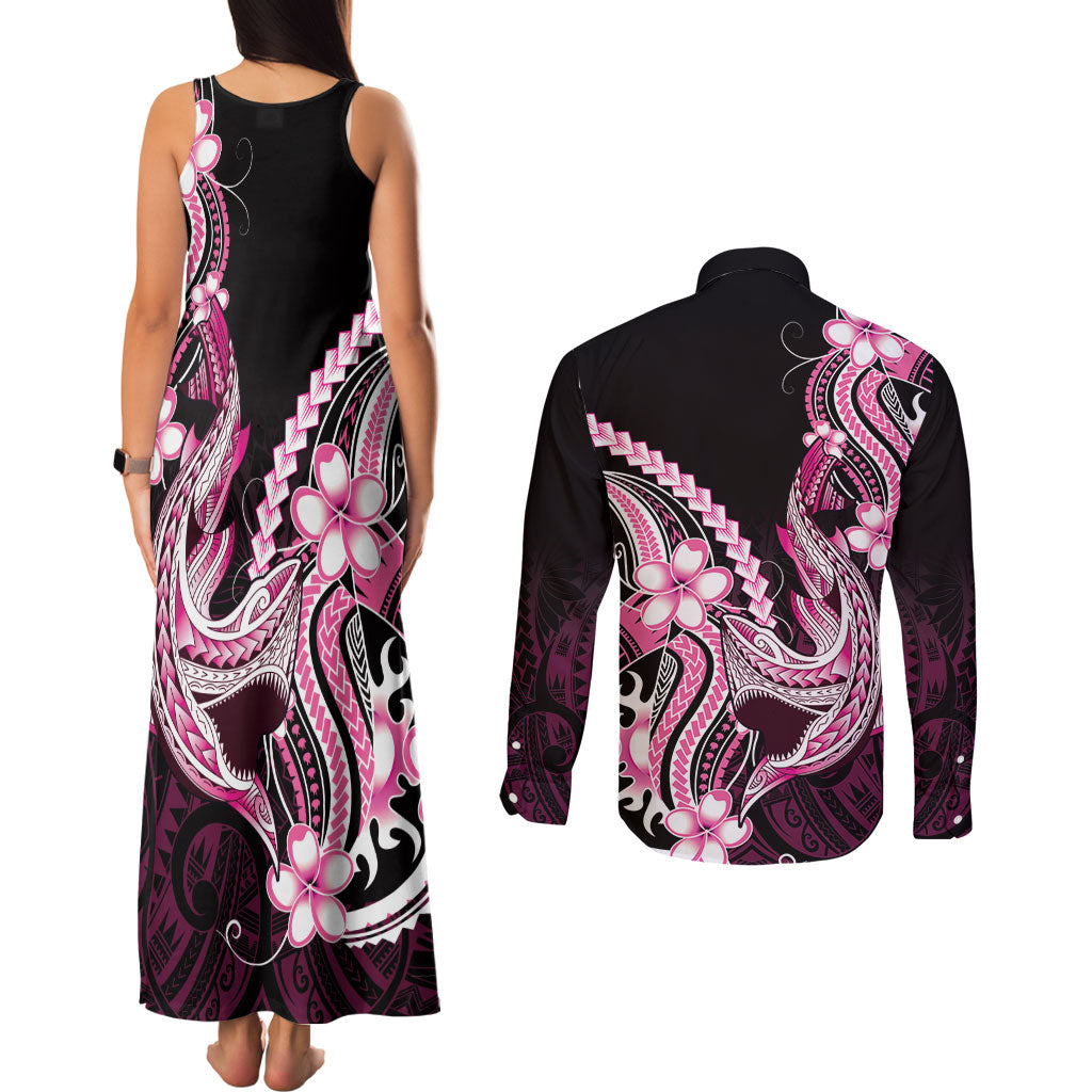 Pink Black Aloha Hawaii Couples Matching Tank Maxi Dress and Long Sleeve Button Shirt Polynesian Shark Tattoo Plumeria