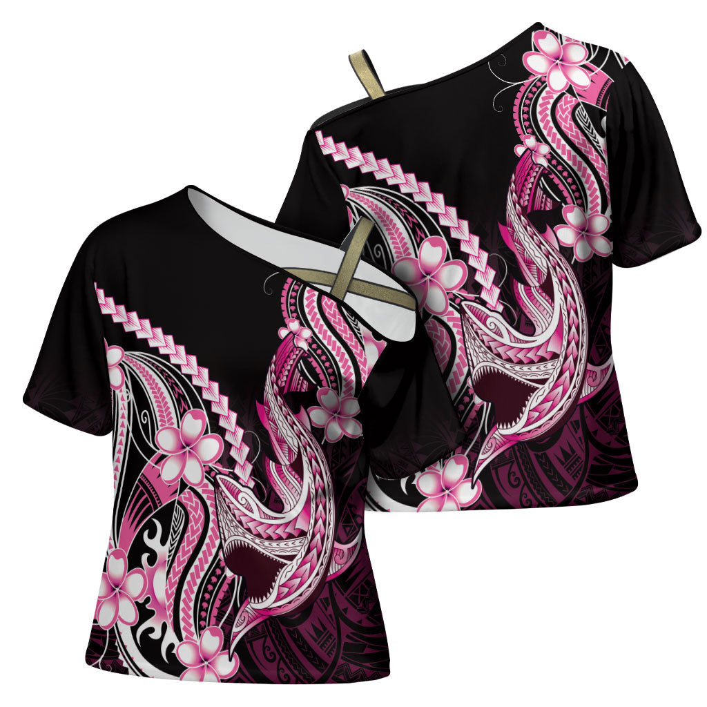 Pink Black Aloha Hawaii Cross Shoulder Shirt Polynesian Shark Tattoo Plumeria