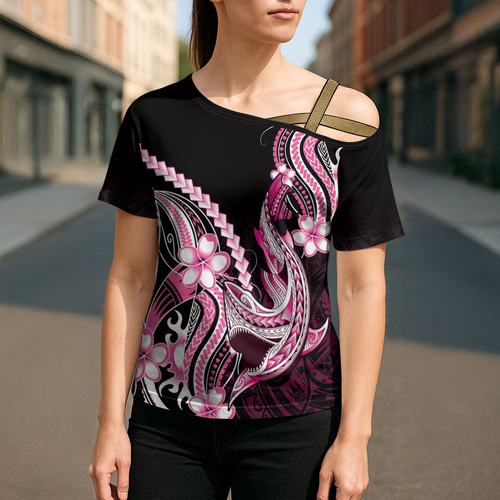 Pink Black Aloha Hawaii Cross Shoulder Shirt Polynesian Shark Tattoo Plumeria