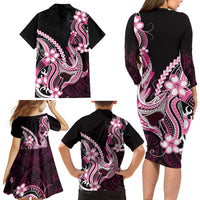 Pink Black Aloha Hawaii Family Matching Long Sleeve Bodycon Dress and Hawaiian Shirt Polynesian Shark Tattoo Plumeria