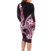 Pink Black Aloha Hawaii Family Matching Long Sleeve Bodycon Dress and Hawaiian Shirt Polynesian Shark Tattoo Plumeria