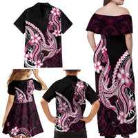 Pink Black Aloha Hawaii Family Matching Off Shoulder Maxi Dress and Hawaiian Shirt Polynesian Shark Tattoo Plumeria