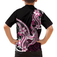 Pink Black Aloha Hawaii Family Matching Off Shoulder Short Dress and Hawaiian Shirt Polynesian Shark Tattoo Plumeria
