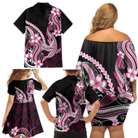 Pink Black Aloha Hawaii Family Matching Off Shoulder Short Dress and Hawaiian Shirt Polynesian Shark Tattoo Plumeria