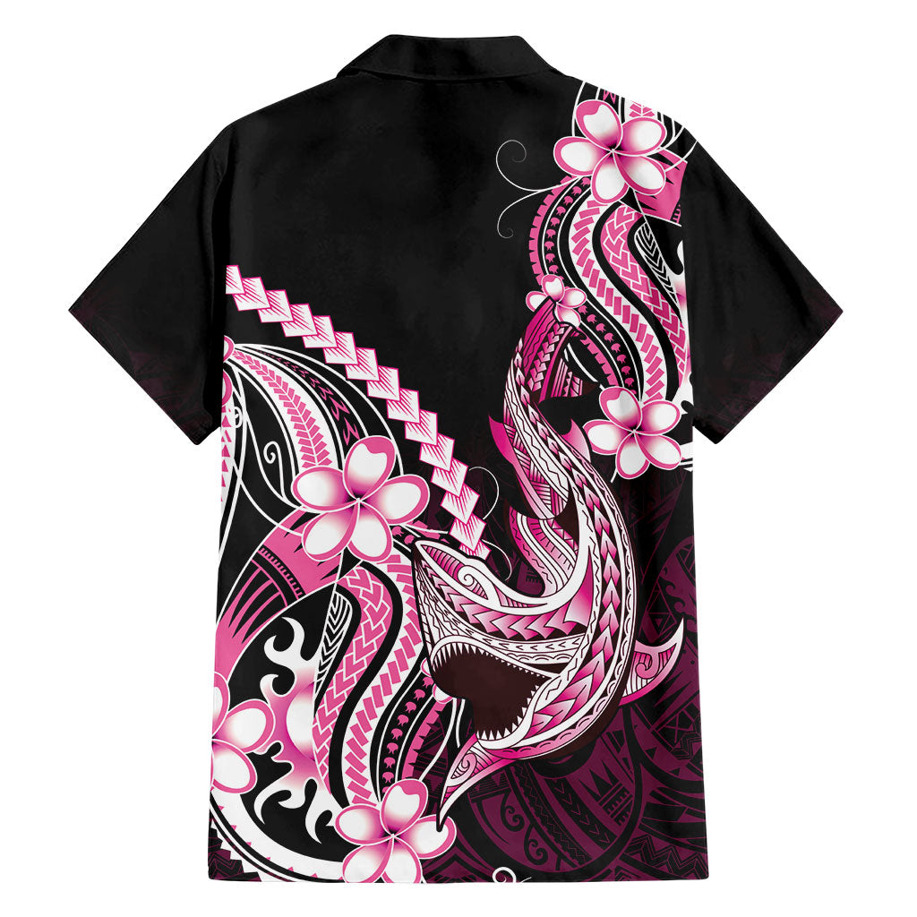 Pink Black Aloha Hawaii Family Matching Off Shoulder Short Dress and Hawaiian Shirt Polynesian Shark Tattoo Plumeria
