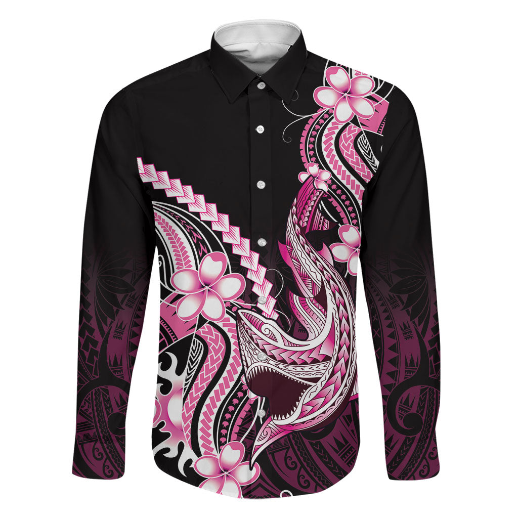 Pink Black Aloha Hawaii Family Matching Off Shoulder Short Dress and Hawaiian Shirt Polynesian Shark Tattoo Plumeria