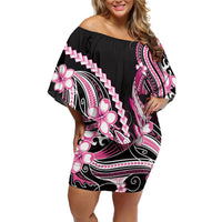 Pink Black Aloha Hawaii Family Matching Off Shoulder Short Dress and Hawaiian Shirt Polynesian Shark Tattoo Plumeria