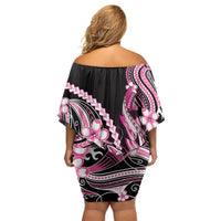 Pink Black Aloha Hawaii Family Matching Off Shoulder Short Dress and Hawaiian Shirt Polynesian Shark Tattoo Plumeria
