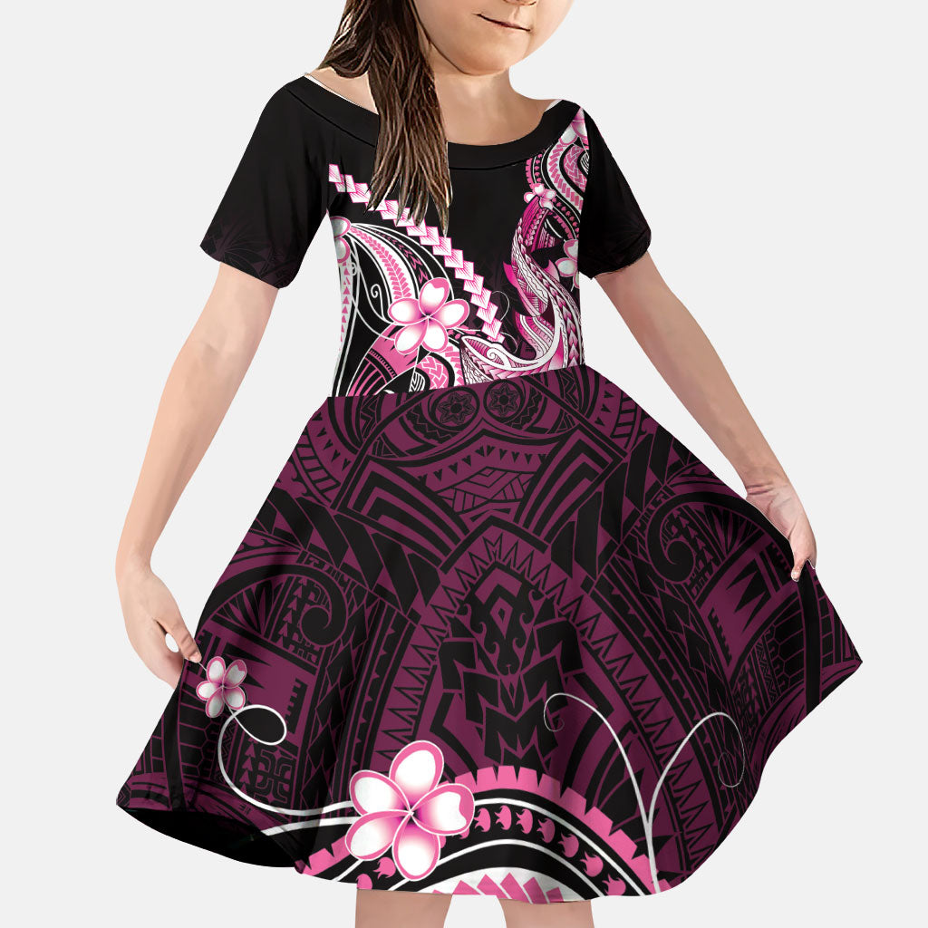 Pink Black Aloha Hawaii Family Matching Puletasi and Hawaiian Shirt Polynesian Shark Tattoo Plumeria