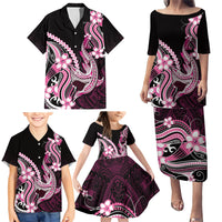 Pink Black Aloha Hawaii Family Matching Puletasi and Hawaiian Shirt Polynesian Shark Tattoo Plumeria