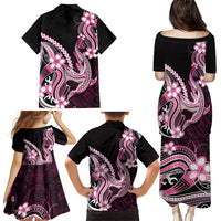 Pink Black Aloha Hawaii Family Matching Puletasi and Hawaiian Shirt Polynesian Shark Tattoo Plumeria