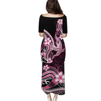 Pink Black Aloha Hawaii Family Matching Puletasi and Hawaiian Shirt Polynesian Shark Tattoo Plumeria