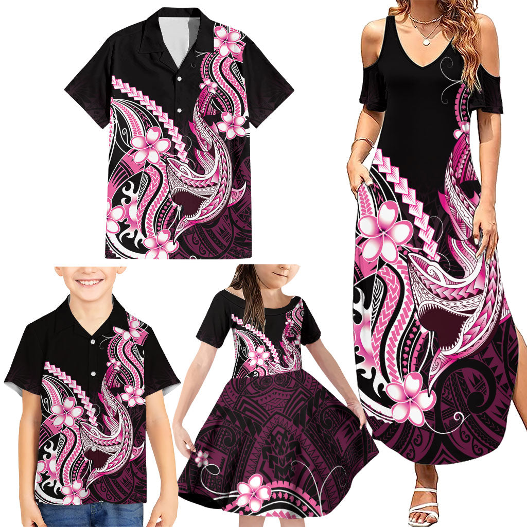 Pink Black Aloha Hawaii Family Matching Summer Maxi Dress and Hawaiian Shirt Polynesian Shark Tattoo Plumeria
