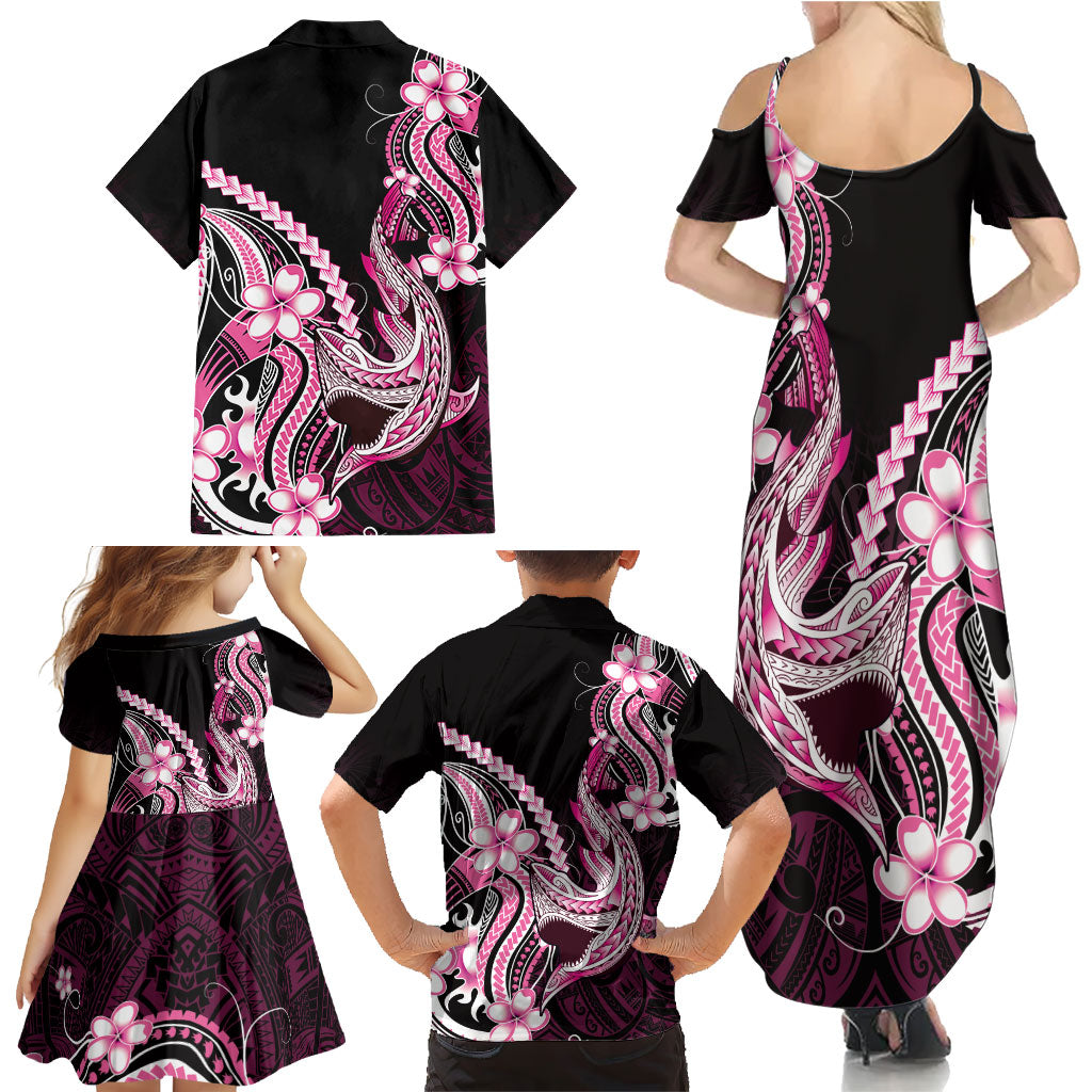 Pink Black Aloha Hawaii Family Matching Summer Maxi Dress and Hawaiian Shirt Polynesian Shark Tattoo Plumeria