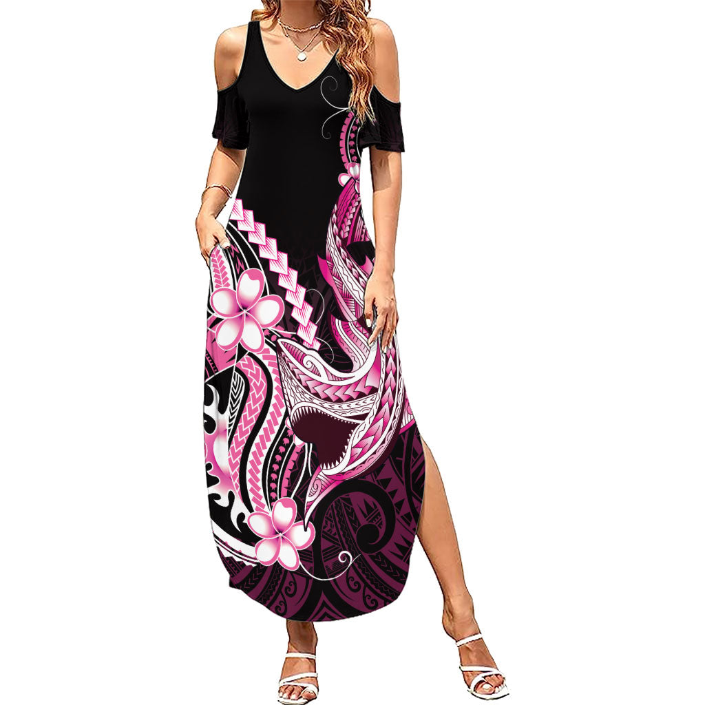Pink Black Aloha Hawaii Family Matching Summer Maxi Dress and Hawaiian Shirt Polynesian Shark Tattoo Plumeria