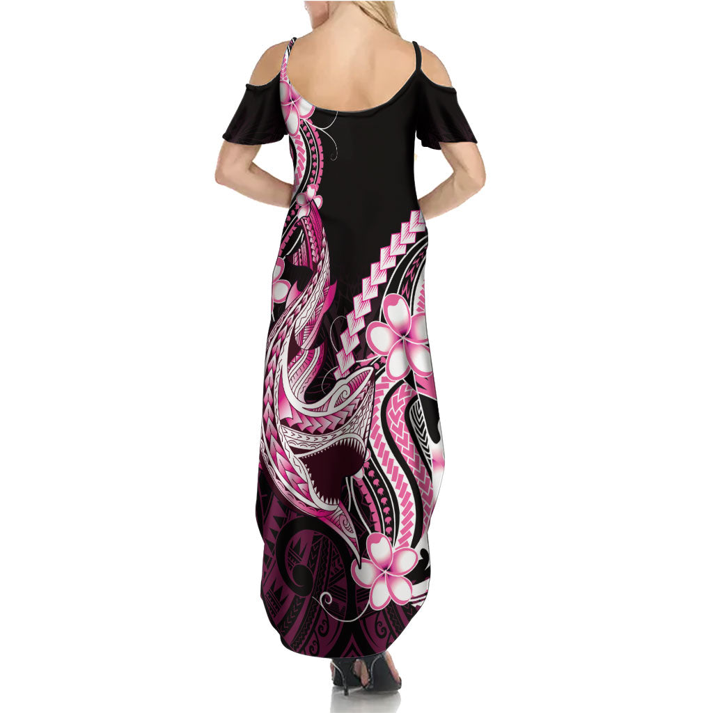 Pink Black Aloha Hawaii Family Matching Summer Maxi Dress and Hawaiian Shirt Polynesian Shark Tattoo Plumeria