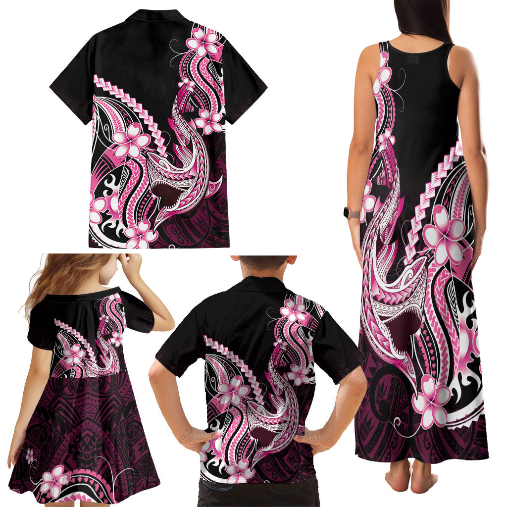 Pink Black Aloha Hawaii Family Matching Tank Maxi Dress and Hawaiian Shirt Polynesian Shark Tattoo Plumeria