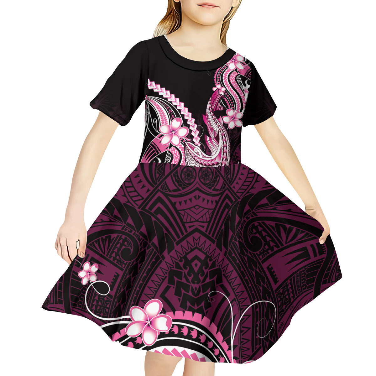 Pink Black Aloha Hawaii Kid Short Sleeve Dress Polynesian Shark Tattoo Plumeria
