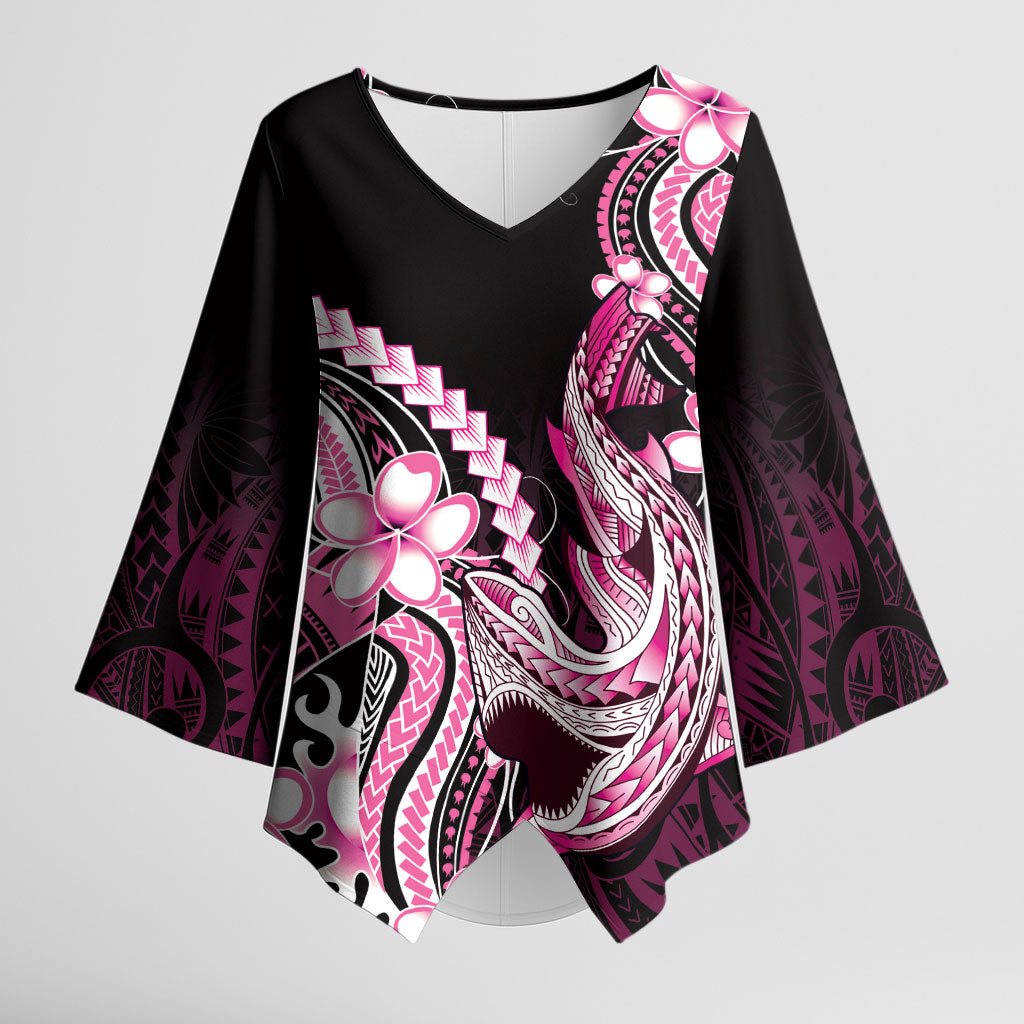 Pink Black Aloha Hawaii Kimono Sleeve Blouse Polynesian Shark Tattoo Plumeria