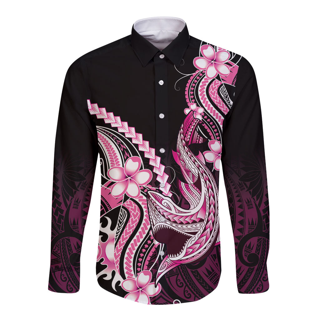 Pink Black Aloha Hawaii Long Sleeve Button Shirt Polynesian Shark Tattoo Plumeria