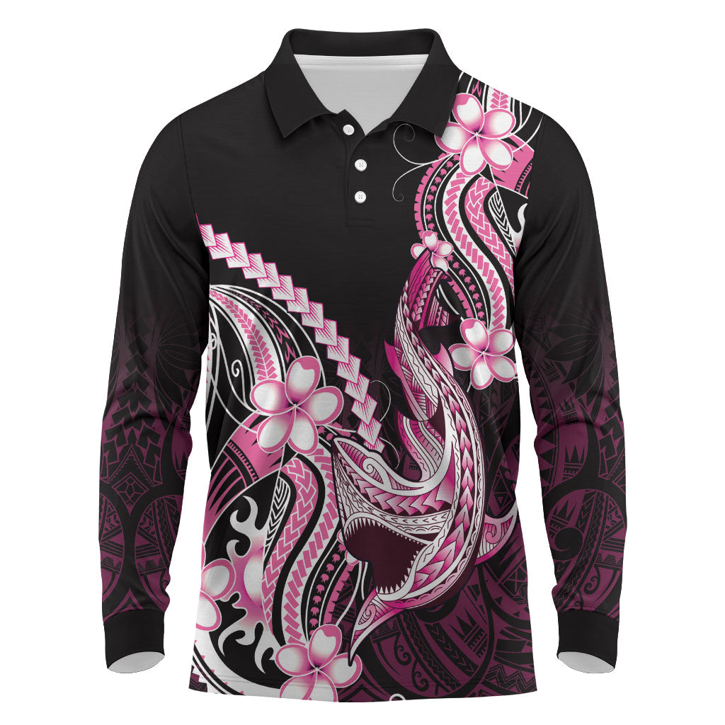 Pink Black Aloha Hawaii Long Sleeve Polo Shirt Polynesian Shark Tattoo Plumeria