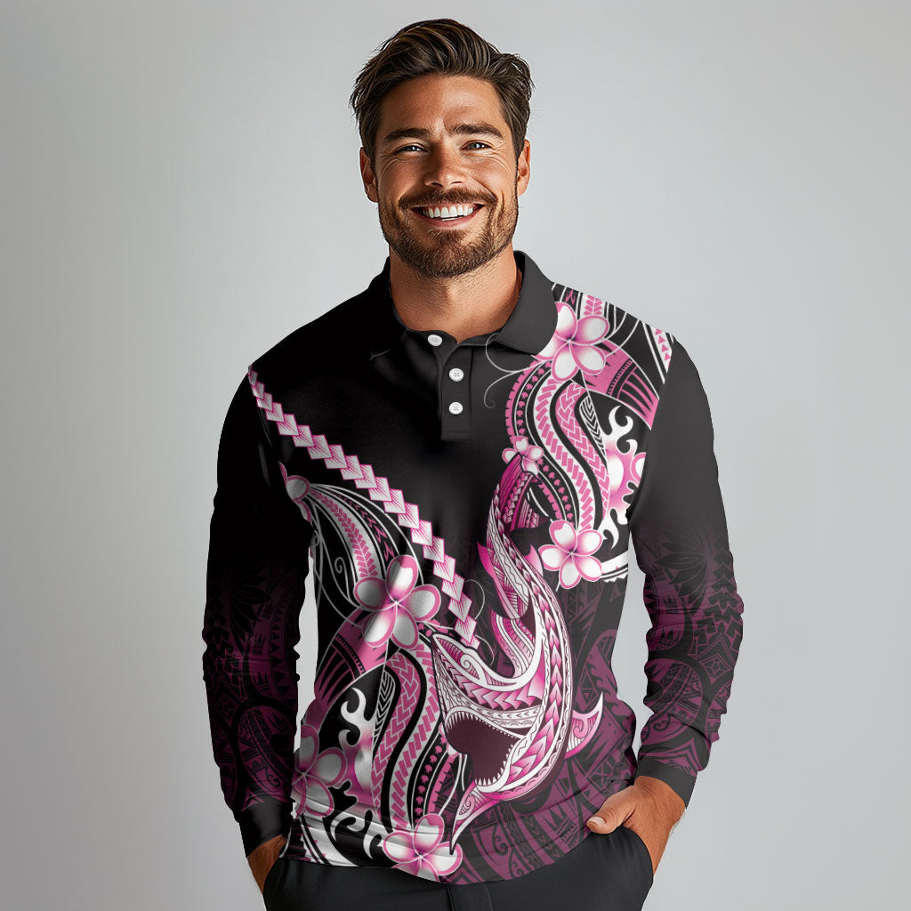 Pink Black Aloha Hawaii Long Sleeve Polo Shirt Polynesian Shark Tattoo Plumeria