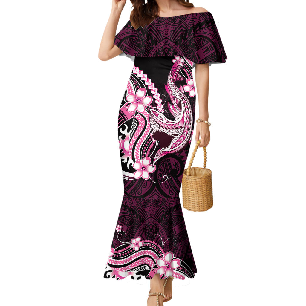 Pink Black Aloha Hawaii Mermaid Dress Polynesian Shark Tattoo Plumeria LT14 Women Pink - Polynesian Pride