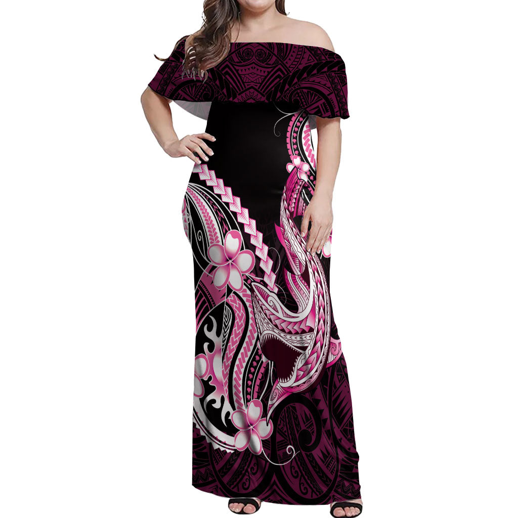 Pink Black Aloha Hawaii Off Shoulder Maxi Dress Polynesian Shark Tattoo Plumeria