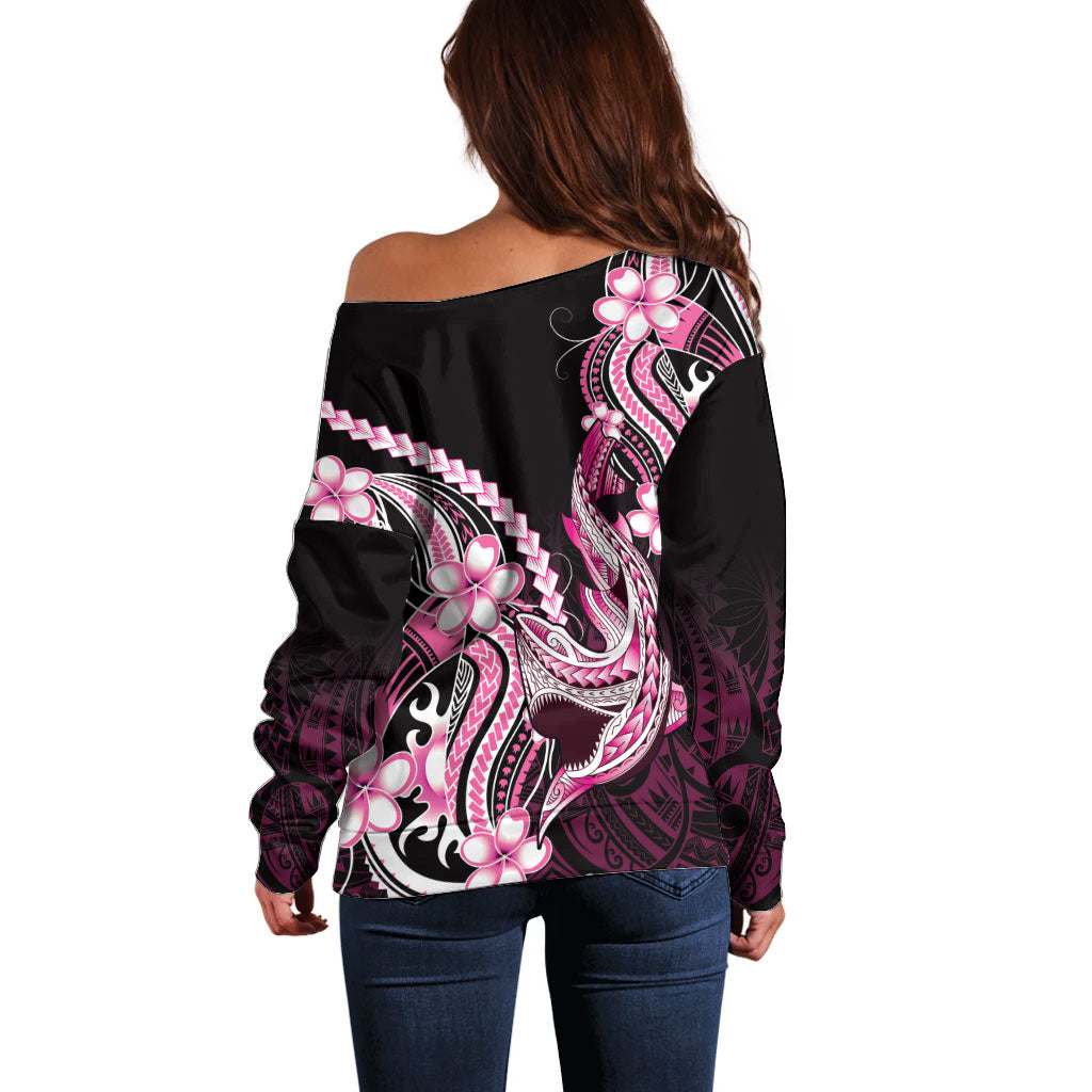 Pink Black Aloha Hawaii Off Shoulder Sweater Polynesian Shark Tattoo Plumeria