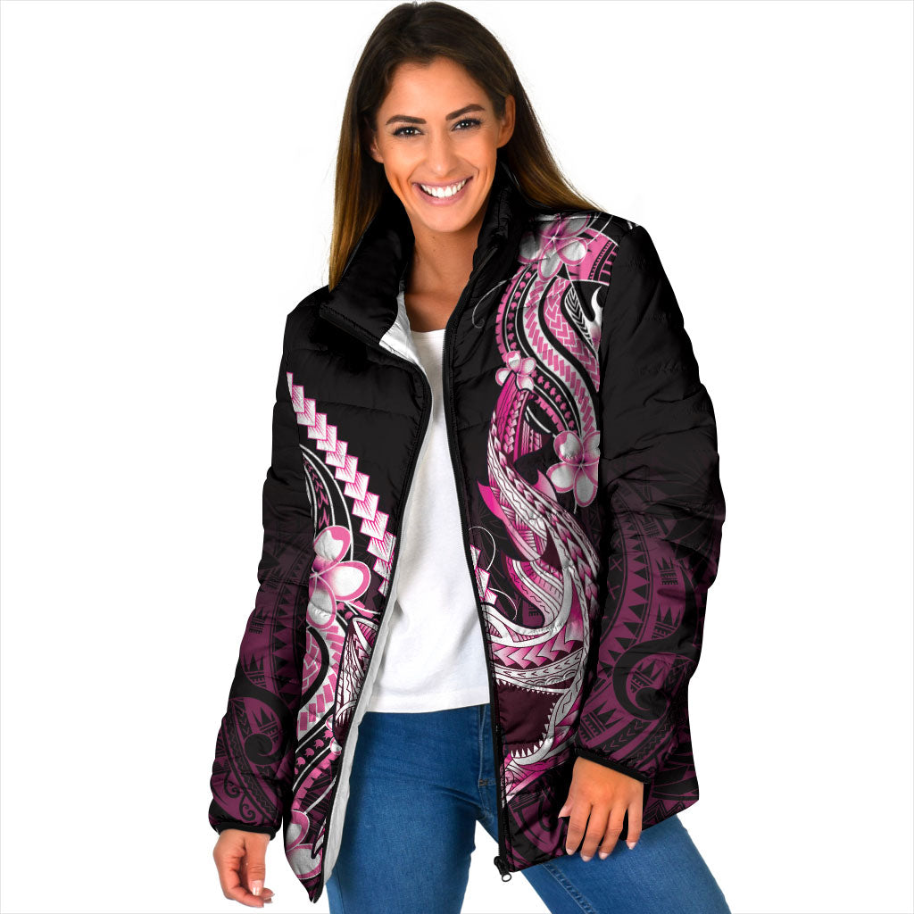 Pink Black Aloha Hawaii Padded Jacket Polynesian Shark Tattoo Plumeria