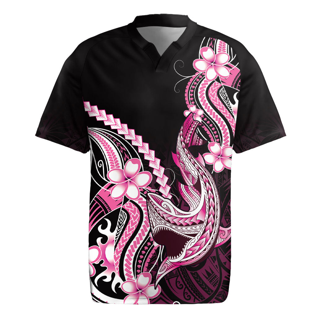 Pink Black Aloha Hawaii Rugby Jersey Polynesian Shark Tattoo Plumeria