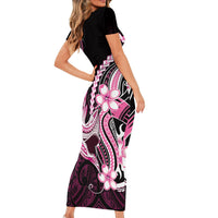 Pink Black Aloha Hawaii Short Sleeve Bodycon Dress Polynesian Shark Tattoo Plumeria