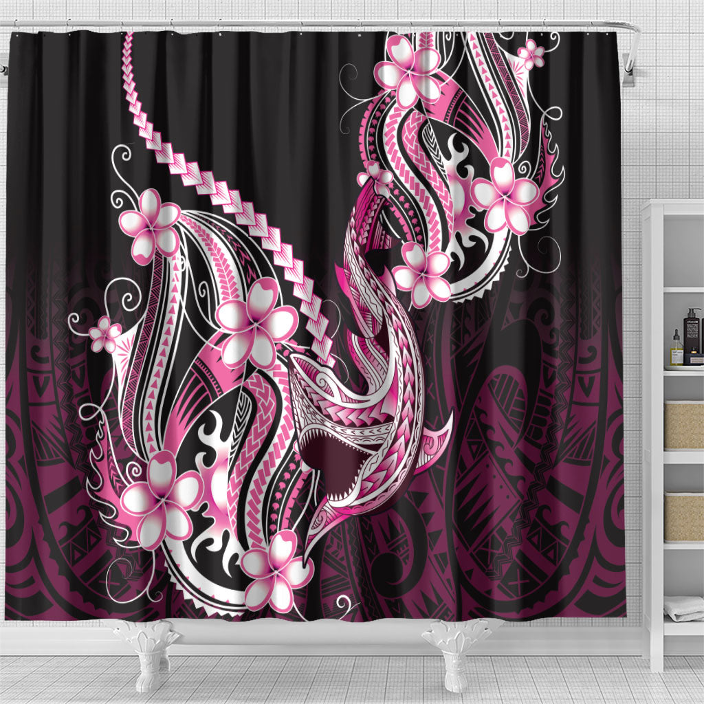Pink Black Aloha Hawaii Shower Curtain Polynesian Shark Tattoo Plumeria