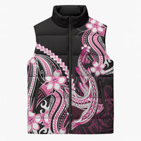 Pink Black Aloha Hawaii Sleeveless Puffer Jacket Polynesian Shark Tattoo Plumeria