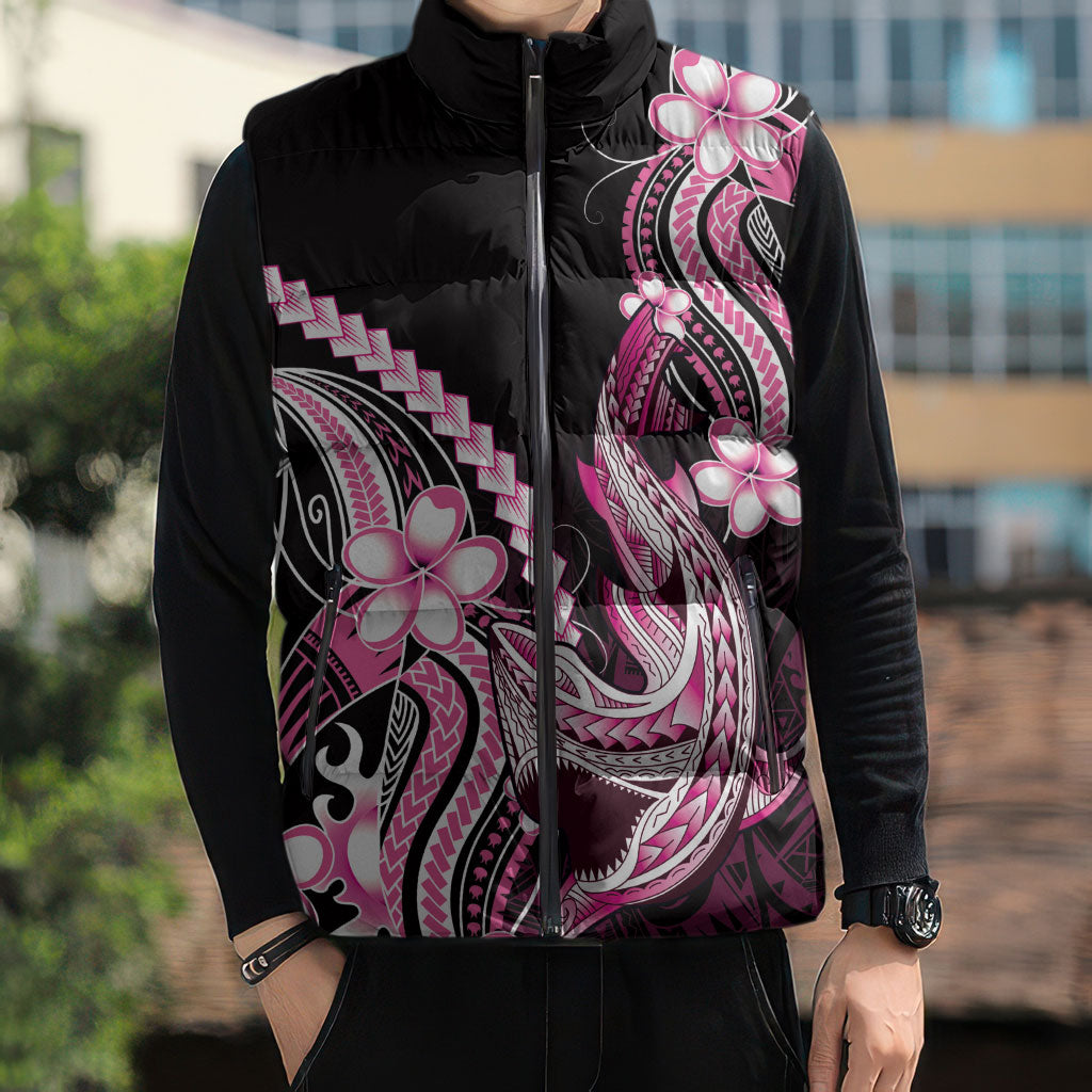 Pink Black Aloha Hawaii Sleeveless Puffer Jacket Polynesian Shark Tattoo Plumeria