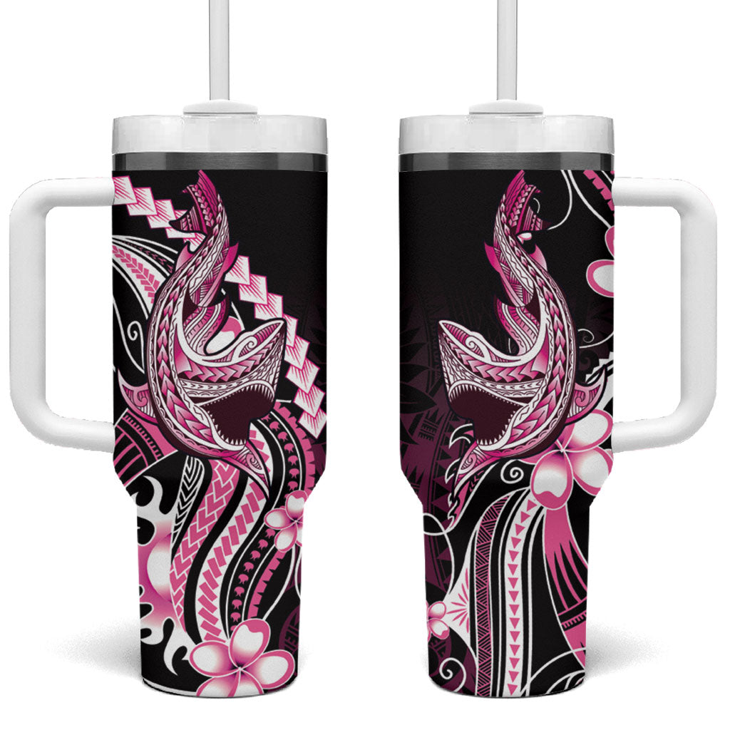 Pink Black Aloha Hawaii Tumbler With Handle Polynesian Shark Tattoo Plumeria