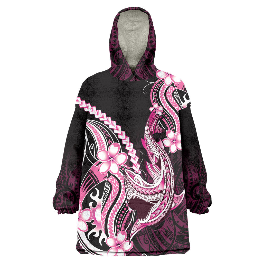 Pink Black Aloha Hawaii Wearable Blanket Hoodie Polynesian Shark Tattoo Plumeria