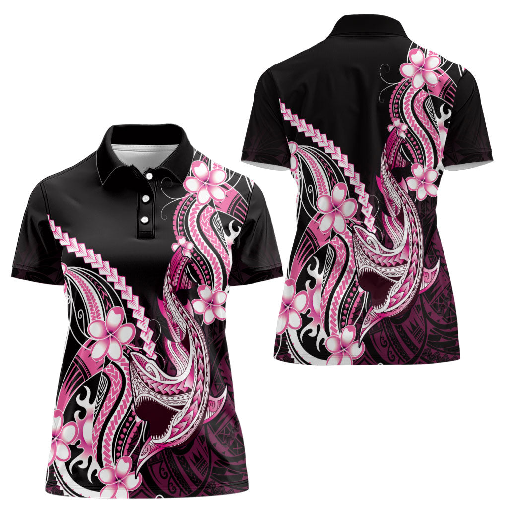 Pink Black Aloha Hawaii Women Polo Shirt Polynesian Shark Tattoo Plumeria
