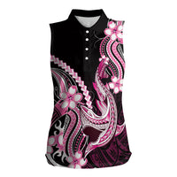 Pink Black Aloha Hawaii Women Sleeveless Polo Shirt Polynesian Shark Tattoo Plumeria