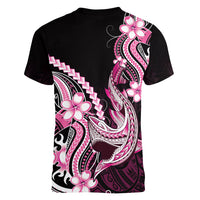 Pink Black Aloha Hawaii Women V-Neck T-Shirt Polynesian Shark Tattoo Plumeria