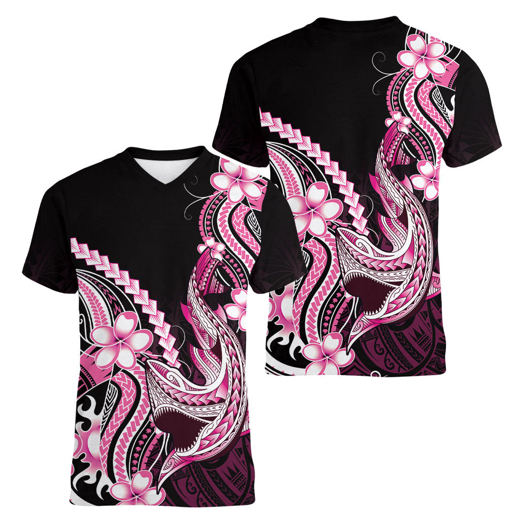 Pink Black Aloha Hawaii Women V-Neck T-Shirt Polynesian Shark Tattoo Plumeria