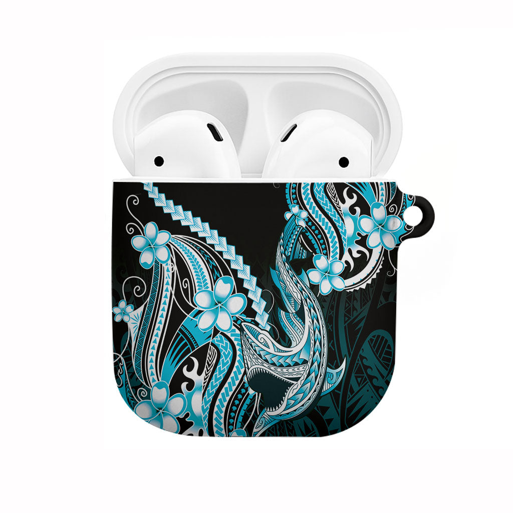 Blue Black Aloha Hawaii AirPods Case Polynesian Shark Tattoo Plumeria