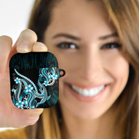 Blue Black Aloha Hawaii AirPods Case Polynesian Shark Tattoo Plumeria