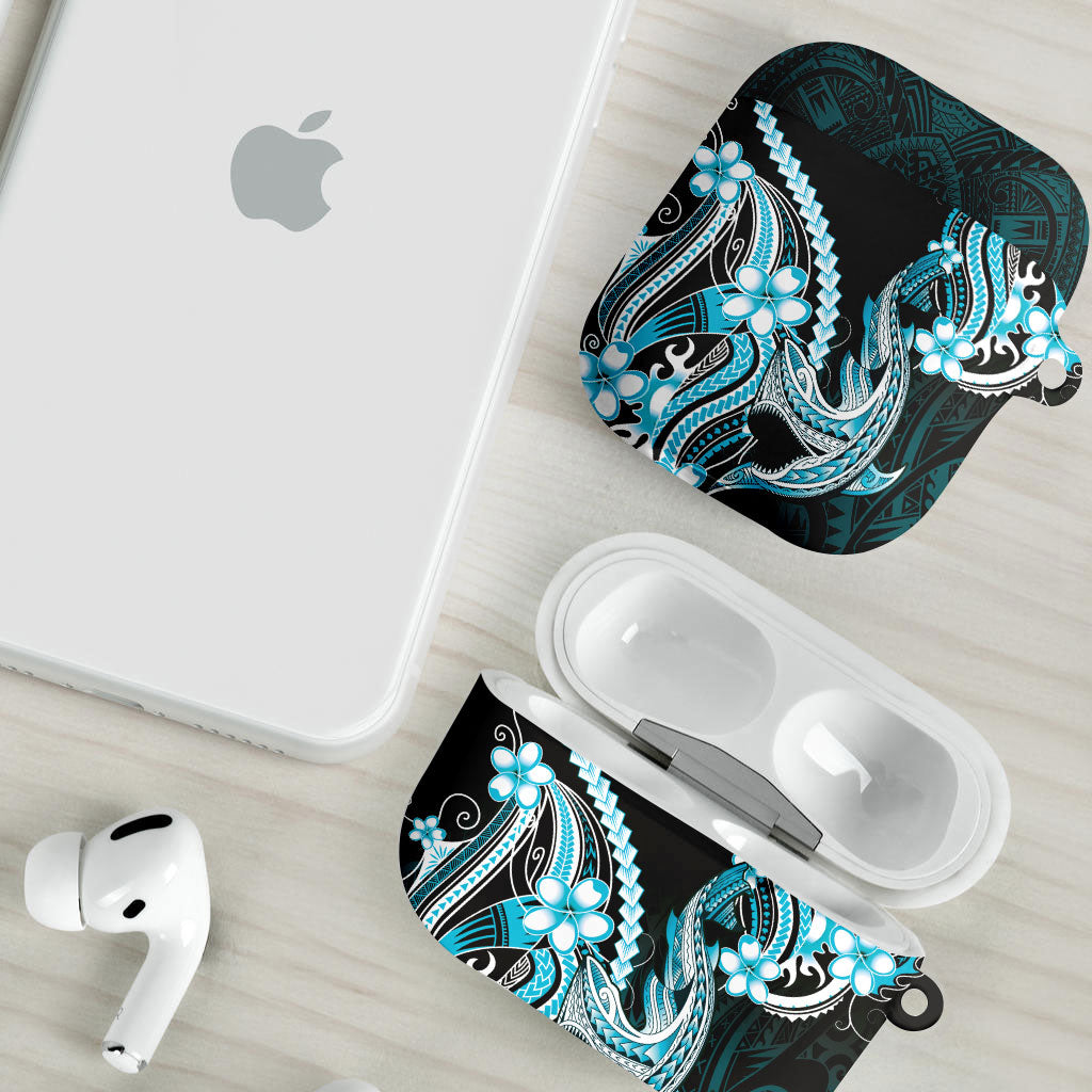 Blue Black Aloha Hawaii AirPods Case Polynesian Shark Tattoo Plumeria