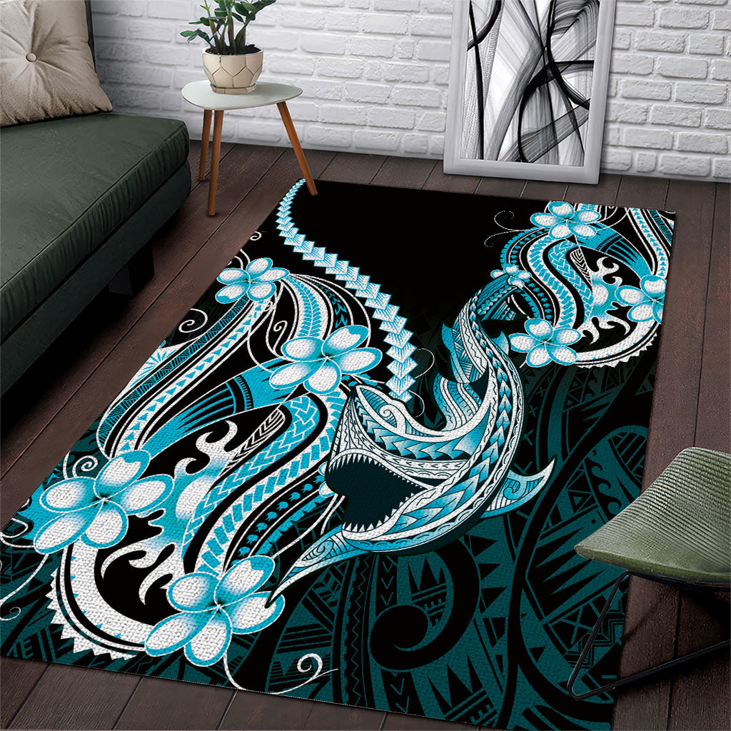 Blue Black Aloha Hawaii Area Rug Polynesian Shark Tattoo Plumeria LT14 Blue - Polynesian Pride